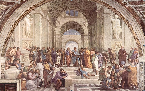 The School of Athens by Raphael in the Apostolic Palace, Vatican City (1509-1510), depicts the pursuit of knowledge. Plato can be seen on the left at the paintings centre.